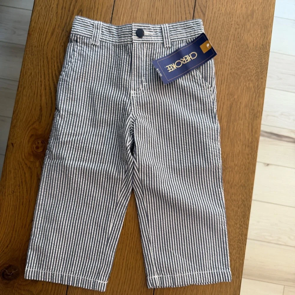 Cherokee Baby Boys Seersucker Striped Pants Blue White 18M NWT Preppy Nautical